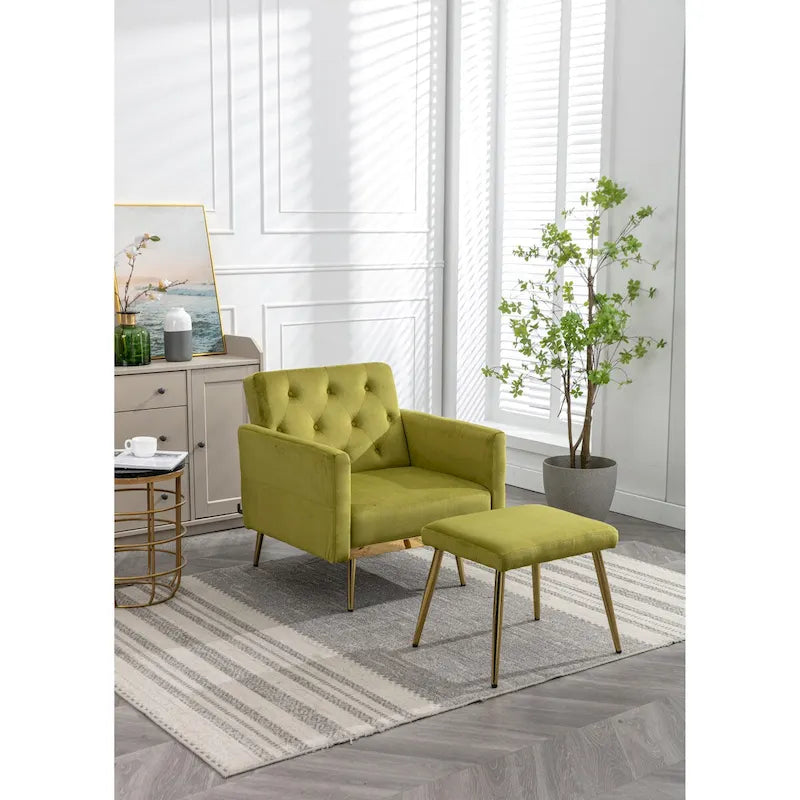 Velvet Accent Chair with Adjustable Armrests and Backrest, Button Tufted Lounge Chair with Ottoman