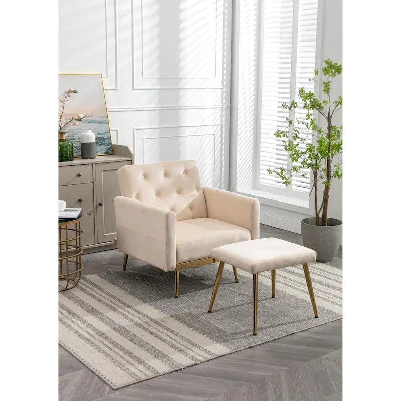 Velvet Accent Chair with Adjustable Armrests and Backrest, Button Tufted Lounge Chair with Ottoman