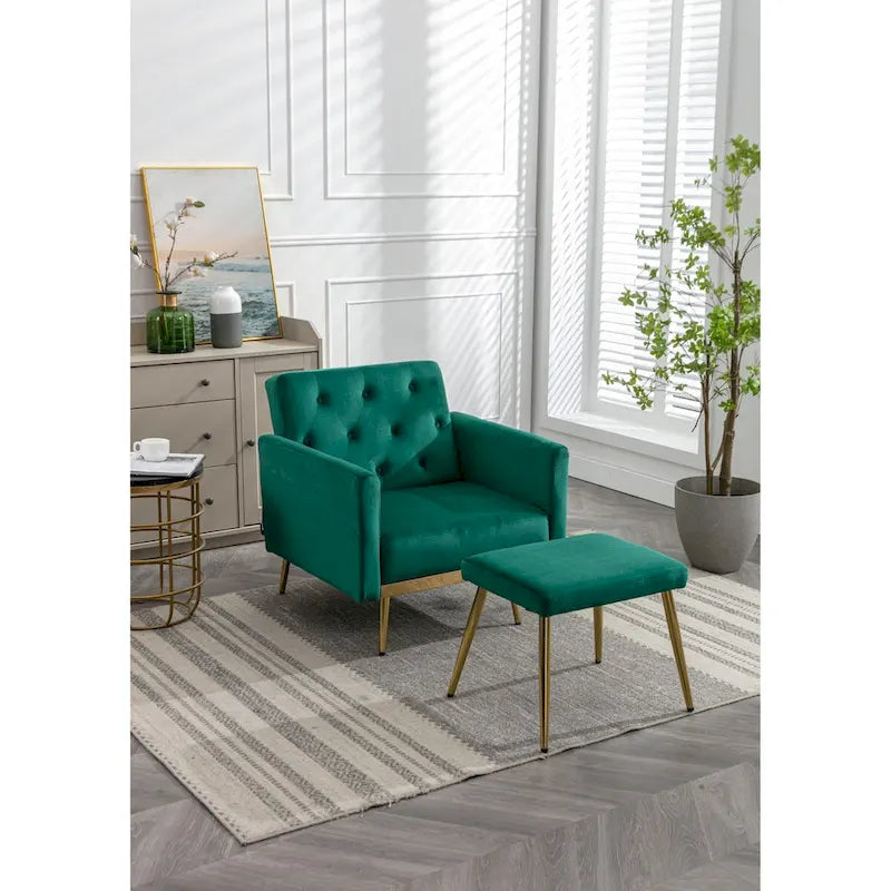 Velvet Accent Chair with Adjustable Armrests and Backrest, Button Tufted Lounge Chair with Ottoman