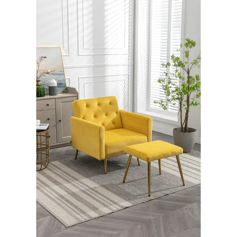 Velvet Accent Chair with Adjustable Armrests and Backrest, Button Tufted Lounge Chair with Ottoman