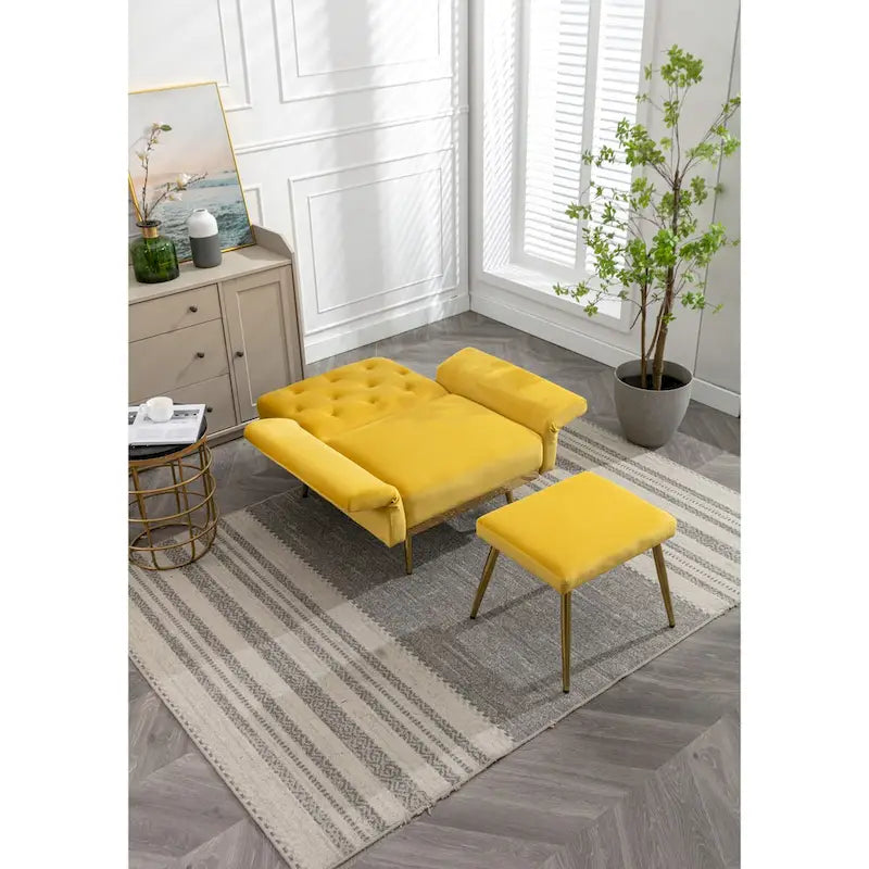Bársony fotel állítható karfával és háttámlával, gombtűzött lounge fotel ottománnal