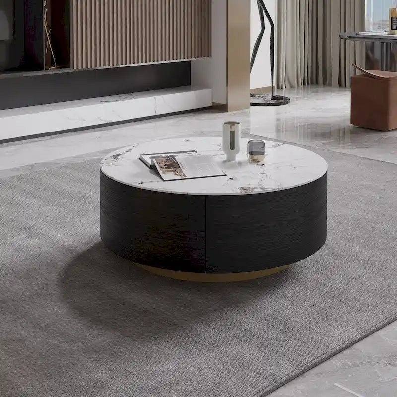 Modern Round Coffee Table with 2 Drawers, Sintered Stone Tabletop and Golden Base
