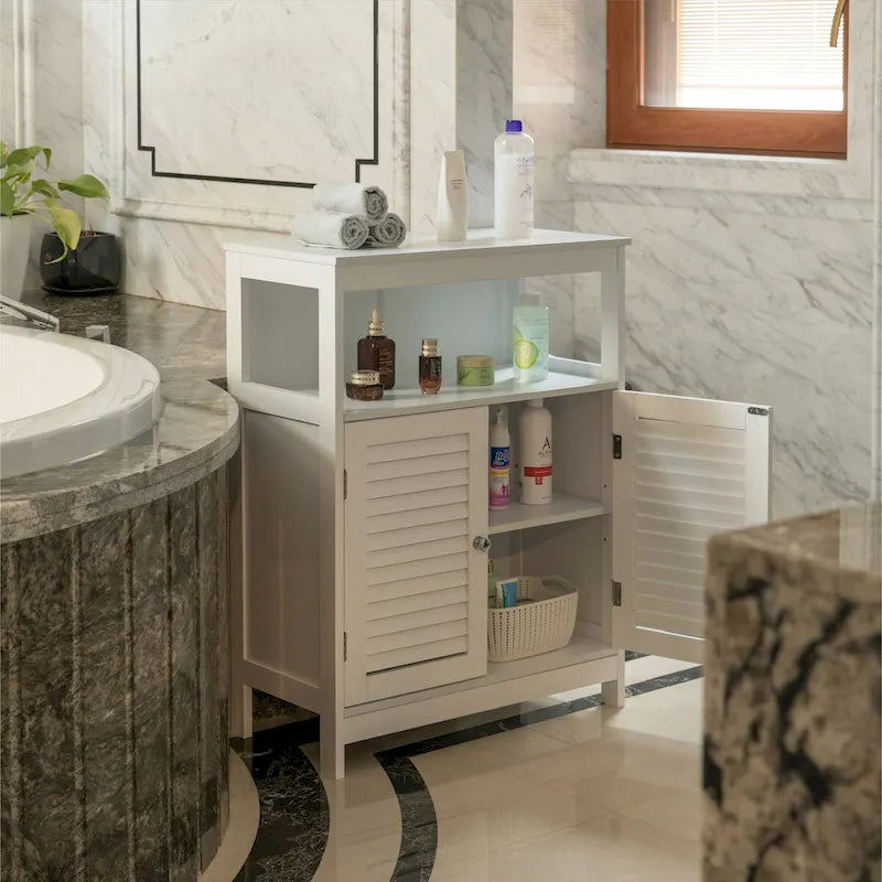 White Modern Freestanding Storage Cabinet with Shutter Doors for Bathroom