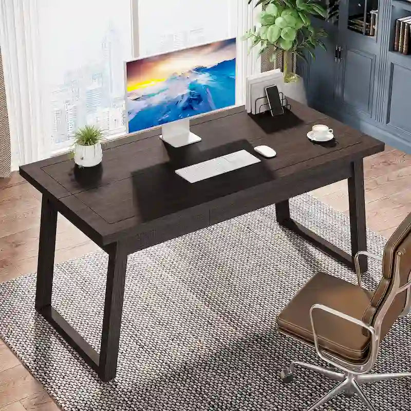Executive Desk, Computer Desk with Drawer, Solid Wood Legs