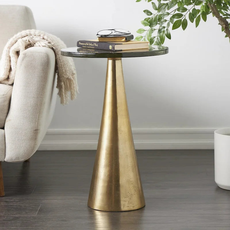 Aluminum Metal Geometric Cone Side End Accent Table with Textured Glass Tabletop