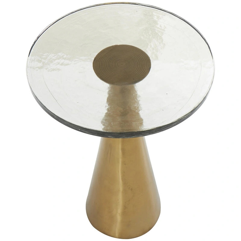 Aluminum Metal Geometric Cone Side End Accent Table with Textured Glass Tabletop