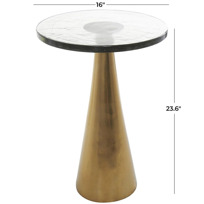 Aluminum Metal Geometric Cone Side End Accent Table with Textured Glass Tabletop
