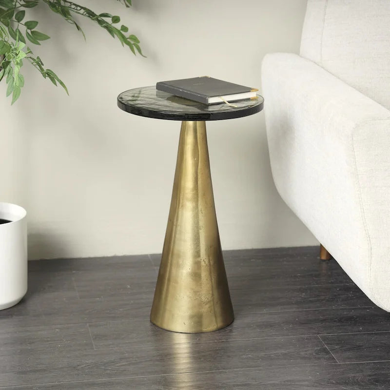 Aluminum Metal Geometric Cone Side End Accent Table with Textured Glass Tabletop