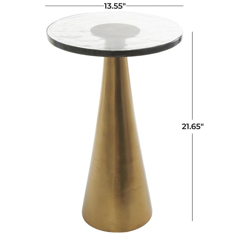 Aluminum Metal Geometric Cone Side End Accent Table with Textured Glass Tabletop