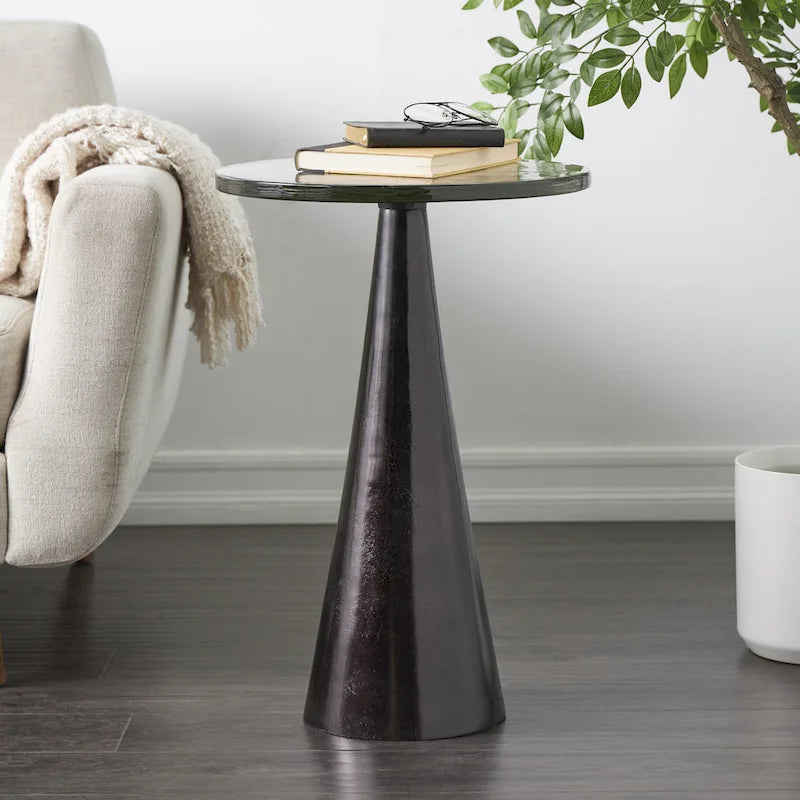 Aluminum Metal Geometric Cone Side End Accent Table with Textured Glass Tabletop
